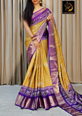 Varda Woven, Self Design Ikkat Cotton Silk Saree(Blue, Pink)
