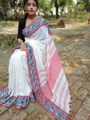 sdn Woven Tant Handloom Pure Cotton Saree(White, Red)