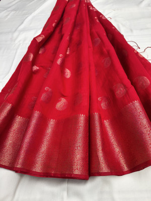 mynok Paisley, Woven, Self Design Banarasi Handloom Cotton Blend Saree(Red)