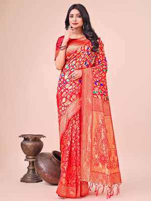 Tasrika Woven Kanjivaram Cotton Linen Saree(Red)