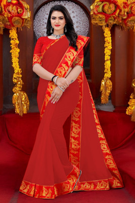 Volmina Solid/Plain Chanderi Cotton Blend Saree(Red)
