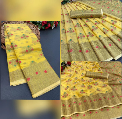 YAGNAM FAB Woven, Self Design Banarasi Cotton Blend, Jacquard Saree(Yellow)