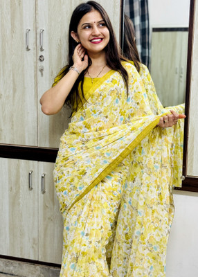 TELIRAJ.FASHION. Printed Bollywood Georgette Saree(Yellow)