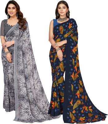 Anand Sarees Printed Bollywood Georgette Saree(Pack of 2, Dark Blue, Grey)