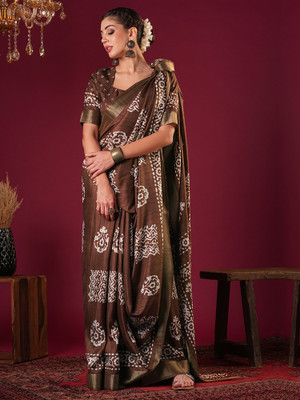 Tasrika Printed Chinnalapattu Silk Blend Saree(Brown)
