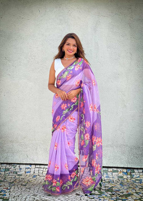 AMRUTKALA SAREES Printed Bollywood Cotton Linen Saree(Purple)