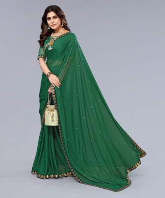 Priyashi Solid/Plain Daily Wear Chiffon Saree(Green)