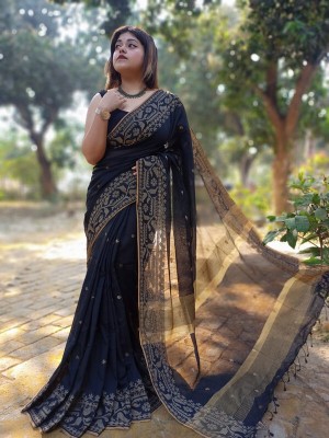 Shruty Fashion Printed Daily Wear Cotton Blend Saree(Black)