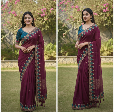 BrownSoilOrganics Floral Print Jamdani Satin Saree(Purple, Blue)