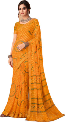 SainiVastra Printed Bandhani Chiffon Saree(Yellow)