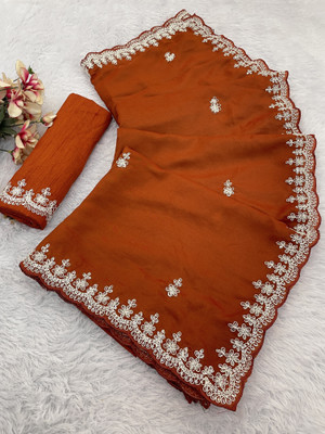 KANDORA Embellished Bollywood Silk Blend Saree(Orange)