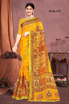 Abhishree Fashion Printed Daily Wear Georgette Saree(Yellow)