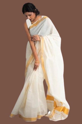 Gugaliya Solid/Plain Kasavu Pure Cotton Saree(Cream)