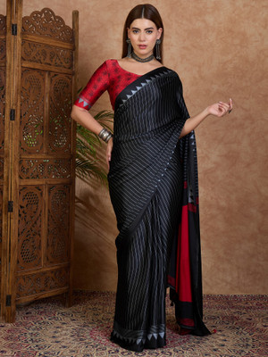 HouseOfCommon Striped, Digital Print Bollywood Silk Blend Saree(Black)