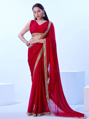 M.S.RETAIL Solid/Plain Bollywood Chiffon Saree(Red)