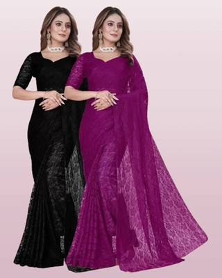 Vragi Floral Print Bollywood Net Saree(Pack of 2, Black, Purple)