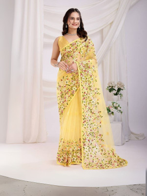 odette Embroidered Saree with Attached Blouse Net Saree(Yellow)