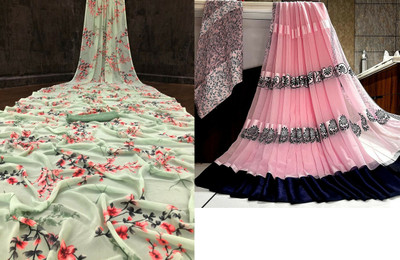 Sanjana Silk Floral Print Bollywood Georgette Saree(Pack of 2, Green)
