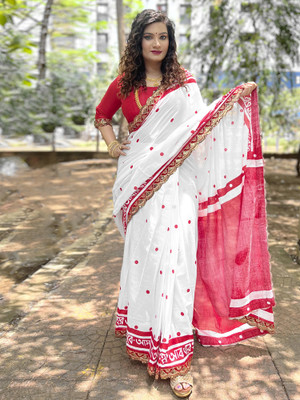 Sareemall Printed Daily Wear Cotton Blend Saree(White)