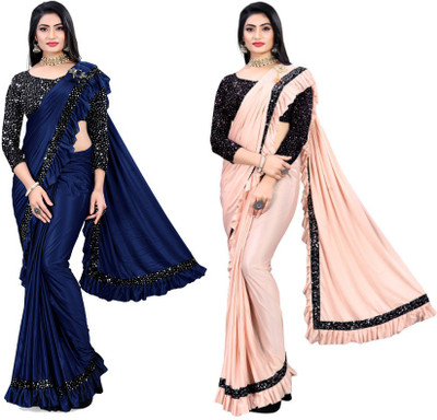 HARIOM FASHION Woven, Embellished, Solid/Plain Bollywood Lycra Blend Saree(Pack of 2, Multicolor)