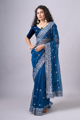 Virendra Textiles Solid/Plain Bollywood Net Saree(Blue)