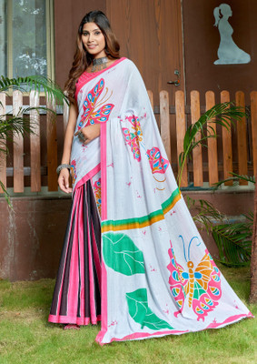 Divastri Blocked Printed, Printed Chanderi Cotton Blend Saree(White, Pink)