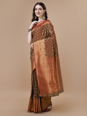 KAZIA Woven, Floral Print, Geometric Print Banarasi Silk Blend Saree(Green)