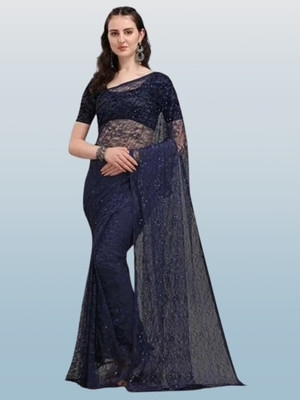 NORAFLEXx Solid/Plain Bollywood Net Saree(Blue)