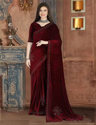 SATVASHIV Embellished Bollywood Velvet Saree(Maroon)