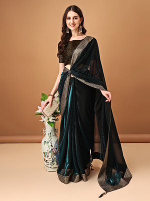 DIVYASHAKTI FASHION Solid/Plain, Embroidered Bollywood Silk Blend Saree(Dark Blue)