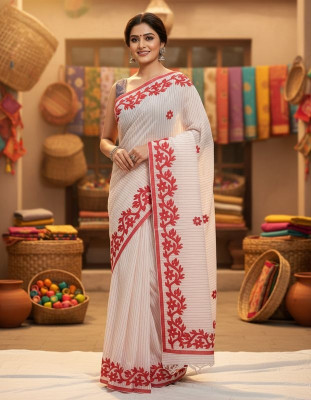 BAIBHABI Applique, Embroidered, Solid/Plain, Striped Handloom Pure Cotton Saree(Cream, Red, White)