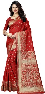 NIYAMI Woven, Self Design, Solid/Plain, Temple Border, Embellished, Embroidered, Floral Print Banarasi Pure Silk, Art Silk Saree(Red)