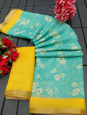 PRTRENDZ Printed Kanjivaram Cotton Linen, Linen Saree(Light Green, Yellow)