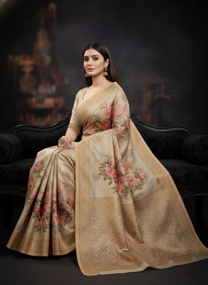 ShivMaya Floral Print Banarasi Silk Blend Saree(Cream, Beige)