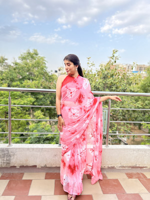 EMMANUEL TRADERS Woven, Blocked Printed, Checkered, Color Block, Digital Print Daily Wear Chiffon Saree(Pink)
