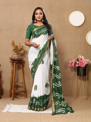 Divastri Printed Bandhani Cotton Blend Saree(Green)