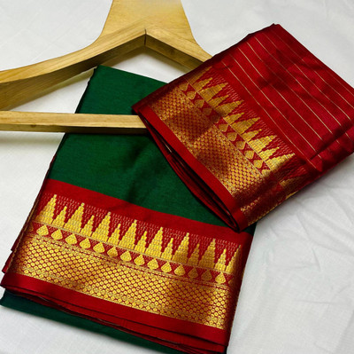 Paramparik Textile Temple Border Mysore Cotton Silk Saree(Green)