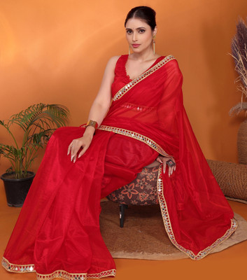 FABMORA Temple Border, Embellished Banarasi Organza Saree(Red)