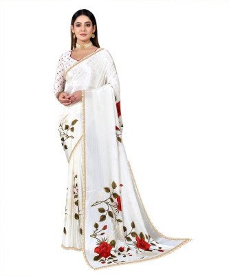 RAJESHWAR FASHION Floral Print Bollywood Chiffon Saree(White)