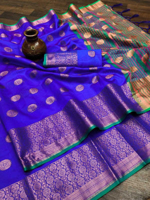 SARIMANIA Printed Kanjivaram Pure Silk, Art Silk Saree(Blue)