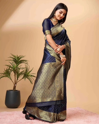 KANGLI Woven Banarasi Cotton Silk Saree(Dark Blue)