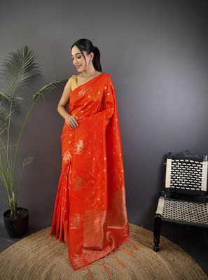 Divastri Printed Banarasi Cotton Silk Saree(Orange)