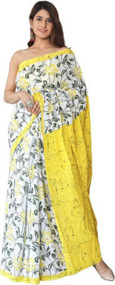 Tropwear Printed, Self Design, Digital Print, Hand Painted, Blocked Printed Sambalpuri Pure Cotton Saree(White, Yellow)