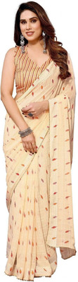 ROOP SUNDARI SAREES Geometric Print, Checkered Daily Wear Georgette Saree(Cream)