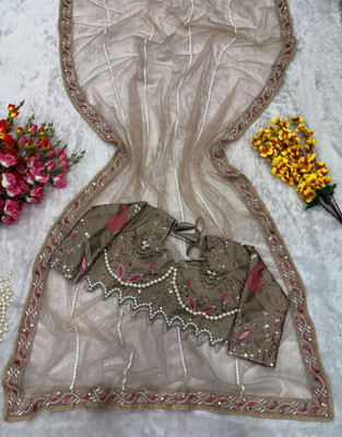 Pushti Creation Embroidered Kalamkari Net Saree(Brown)
