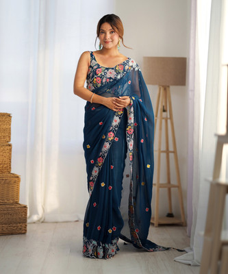 Sareemall Embellished Bollywood Georgette Saree(Dark Blue)