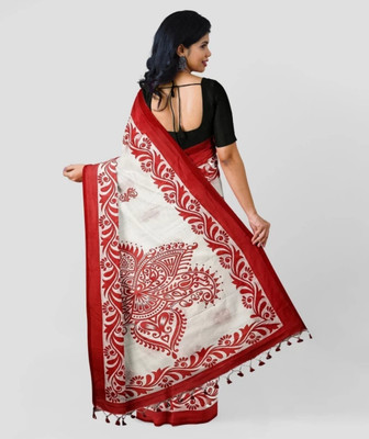 Bhadra Woven, Self Design Handloom Handloom Pure Cotton Saree(White, Red)