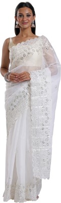 Teejh Embroidered Bollywood Organza Saree(White)