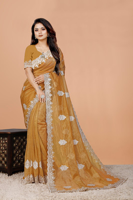 b bella creation Self Design, Embroidered Bollywood Supernet Saree(Mustard)