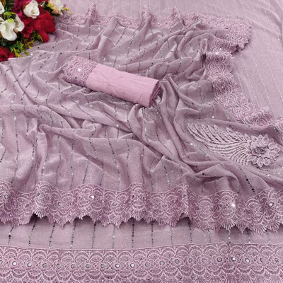 KRUBUX Applique Bollywood Lycra Blend Saree(Pink, Silver)